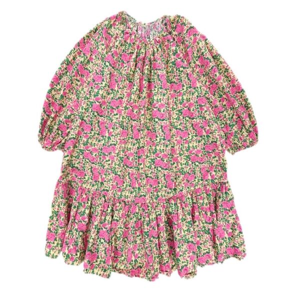 ZARA Cottagecore Voluminous Floral Print Cotton Poplin Babydoll Mini Dress Small - Picture 4 of 7